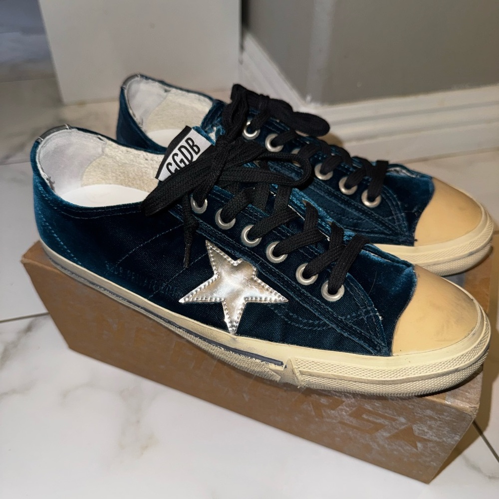 Golden Goose Teal Velvet Sneakers with Star Accent